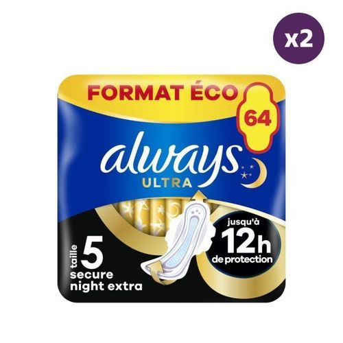 2x64 Serviettes Hygiéniques Always Ultra - Secure Night Extra 