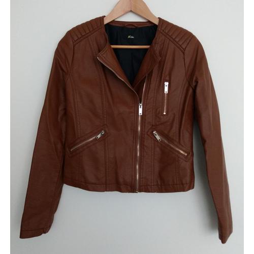 Veste Marron À Zip Imitation Cuir. Mim. Viscose. Taille 36