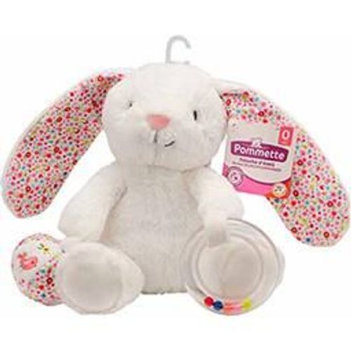 Doudou Peluche Jouet Pommette Lapin Blanc Eveil Billes Anneau Ballon Fleurs Liberty