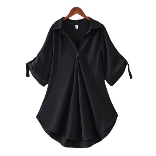 Tunique D'été Simple À Manches Mi-Longues Pour Femme, Couleur Unie, À Revers, Ourlet Large