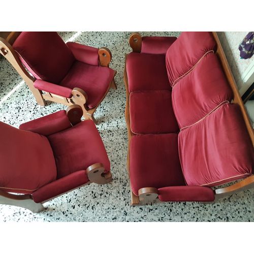 Ensemble Salon En Bois Massif, Canapé 3 Places Et 2 Fauteuils