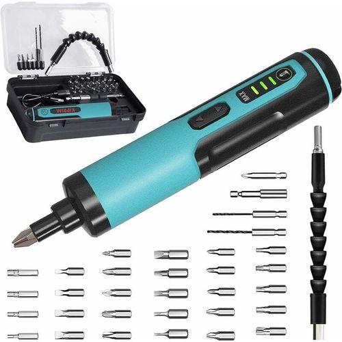 Visseuse sans Fil 4V Tournevis Electrique et Manuel Rechargeable avec 30 Ebouts Magnetiques (33 accessoires au total) Lampe LED Cable USB Boite de Rangement ES2 goodnice