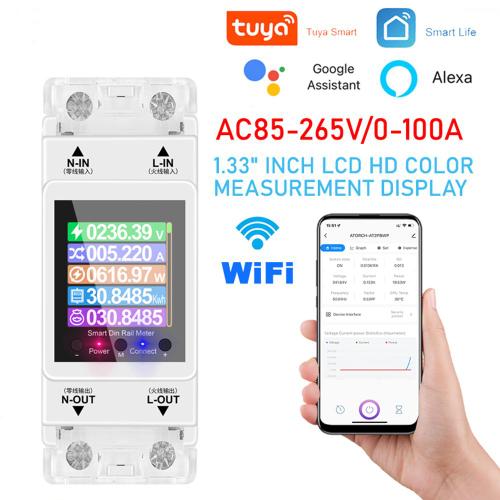 AT2PW-WIFI 100A Tuya Tuya WIFI Din Rail Energy Meter Smart Switch Télécommande AC 220V Volt numérique souverain h Compteur de facteur mort