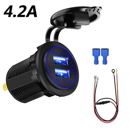 Chargeur De Voiture Bleu 4,2a, Double Usb, Avec Fil Et Terminal, Pour Voiture, Moto, Bateau, Modifié
