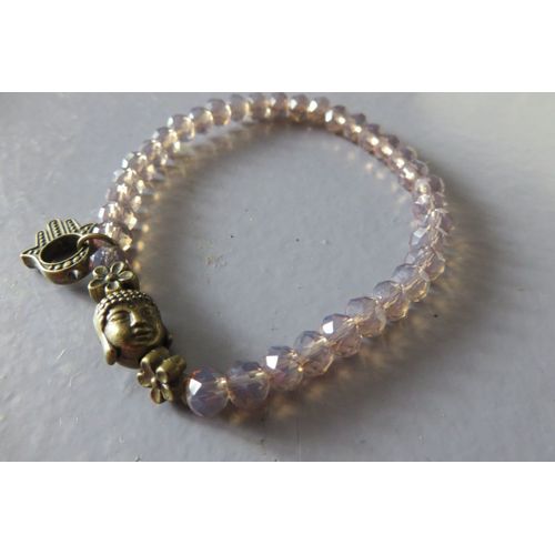 Bracelet Mixte + Perles Opalescente Roses Et Bouddha /23