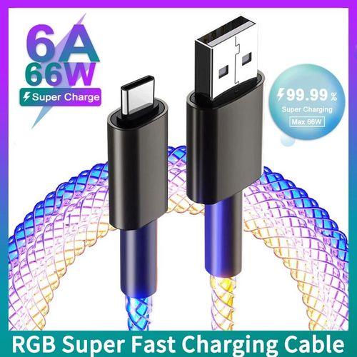 Câble De Recharge Usb Type-C Pour Huawei Et Xiaomi, Cordon De Charge Super Rapide Avec Ligne Lumineuse Colorée Rgb, Chargeur Cool, 6a