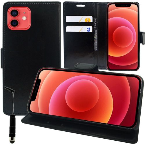 Etui Portefeuille Pour Apple Iphone 12 6.1" Support Video Cuir Pu - Noir + Mini Stylet
