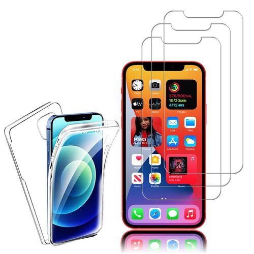 Coque Avant Et Arrière Silicone Pour Apple Iphone 12 6.1" 360° Protection Intégrale - Transparent + 3 Films Verre Trempé - Transparent