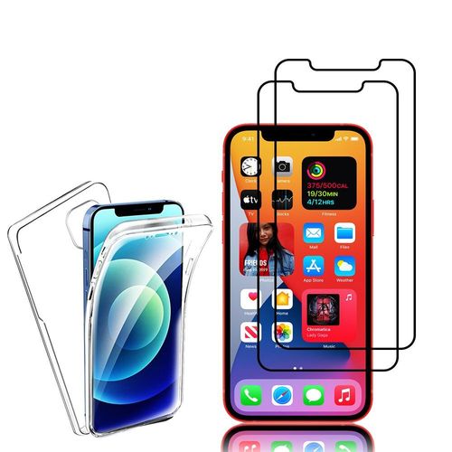Coque Avant Et Arrière Silicone Pour Apple Iphone 12 6.1" 360° Protection Intégrale - Transparent + 2 Films Verre Trempé - Noir