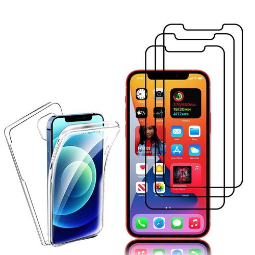 Coque Avant Et Arrière Silicone Pour Apple Iphone 12 6.1" 360° Protection Intégrale - Transparent + 3 Films Verre Trempé - Noir