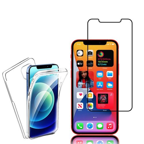 Coque Avant Et Arrière Silicone Pour Apple Iphone 12 6.1" 360° Protection Intégrale - Transparent + 1 Film Verre Trempé - Noir