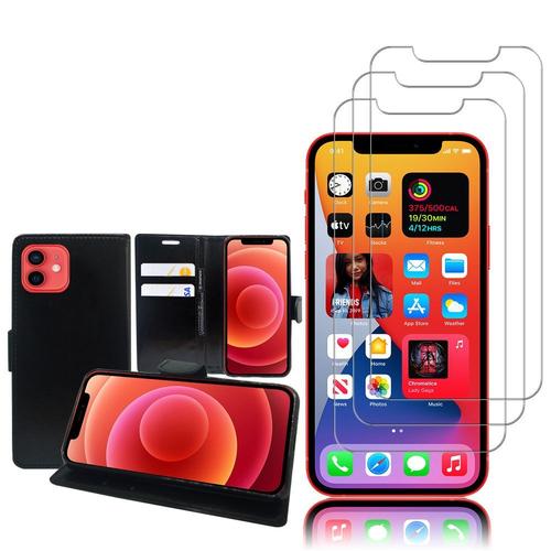 Etui Portefeuille Pour Apple Iphone 12 6.1" Support Video Cuir Pu - Noir + 3 Films Verre Trempé - Transparent