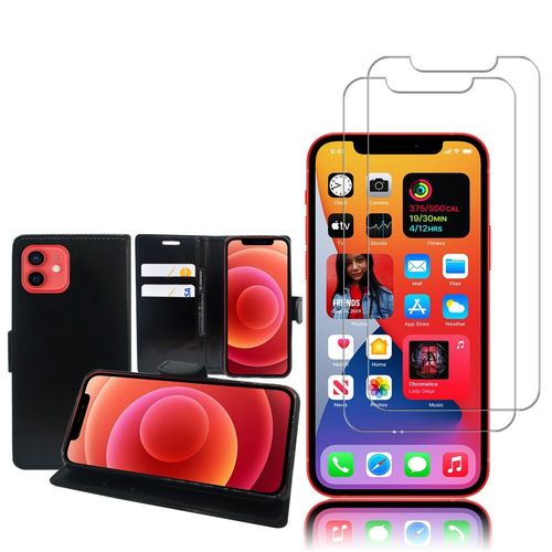 Etui Portefeuille Pour Apple Iphone 12 6.1" Support Video Cuir Pu - Noir + 2 Films Verre Trempé - Transparent