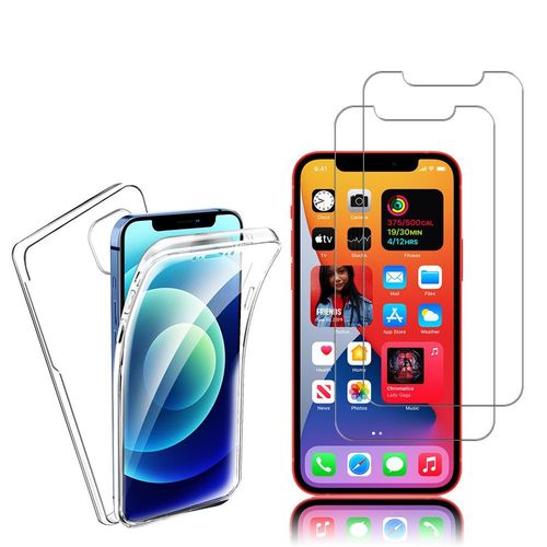 Coque Avant Et Arrière Silicone Pour Apple Iphone 12 Mini 5.4" 360° Protection Intégrale - Transparent + 2 Films Verre Trempé - Transparent