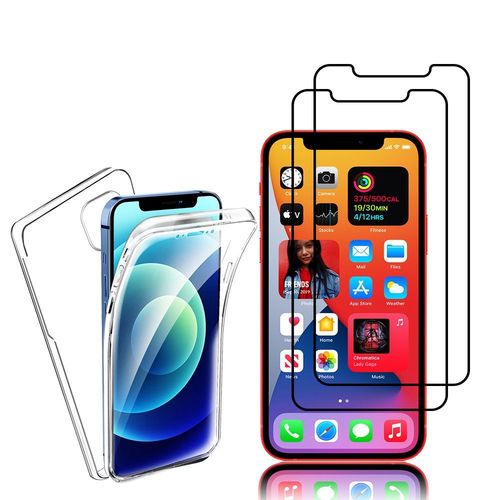 Coque Avant Et Arrière Silicone Pour Apple Iphone 12 Mini 5.4" 360° Protection Intégrale - Transparent + 2 Films Verre Trempé - Noir