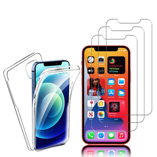 Coque Avant Et Arrière Silicone Pour Apple Iphone 12 Mini 5.4" 360° Protection Intégrale - Transparent + 3 Films Verre Trempé - Transparent