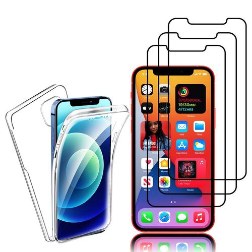 Coque Avant Et Arrière Silicone Pour Apple Iphone 12 Mini 5.4" 360° Protection Intégrale - Transparent + 3 Films Verre Trempé - Noir
