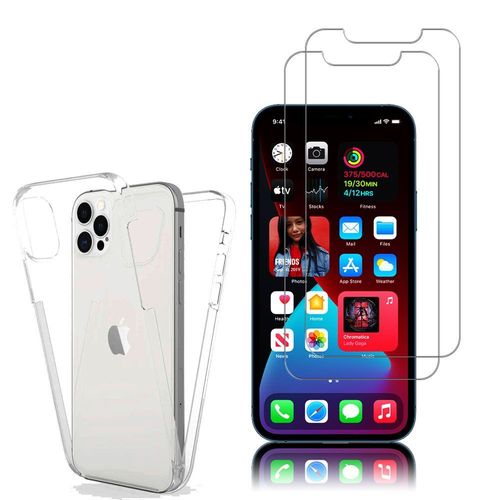 Coque Avant Et Arrière Silicone Pour Apple Iphone 12 Pro 6.1" 360° Protection Intégrale - Transparent + 2 Films Verre Trempé - Transparent