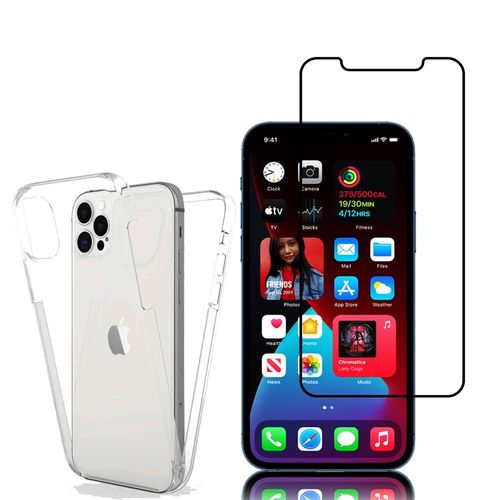 Coque Avant Et Arrière Silicone Pour Apple Iphone 12 Pro 6.1" 360° Protection Intégrale - Transparent + 1 Film Verre Trempé - Noir