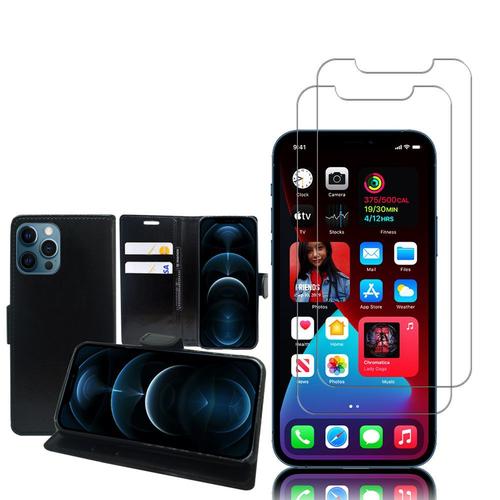 Etui Portefeuille Pour Apple Iphone 12 Pro 6.1" Support Video Cuir Pu - Noir + 2 Films Verre Trempé - Transparent