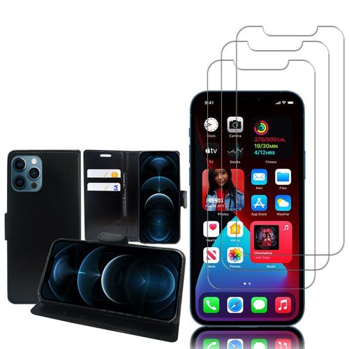 Etui Portefeuille Pour Apple Iphone 12 Pro 6.1" Support Video Cuir Pu - Noir + 3 Films Verre Trempé - Transparent