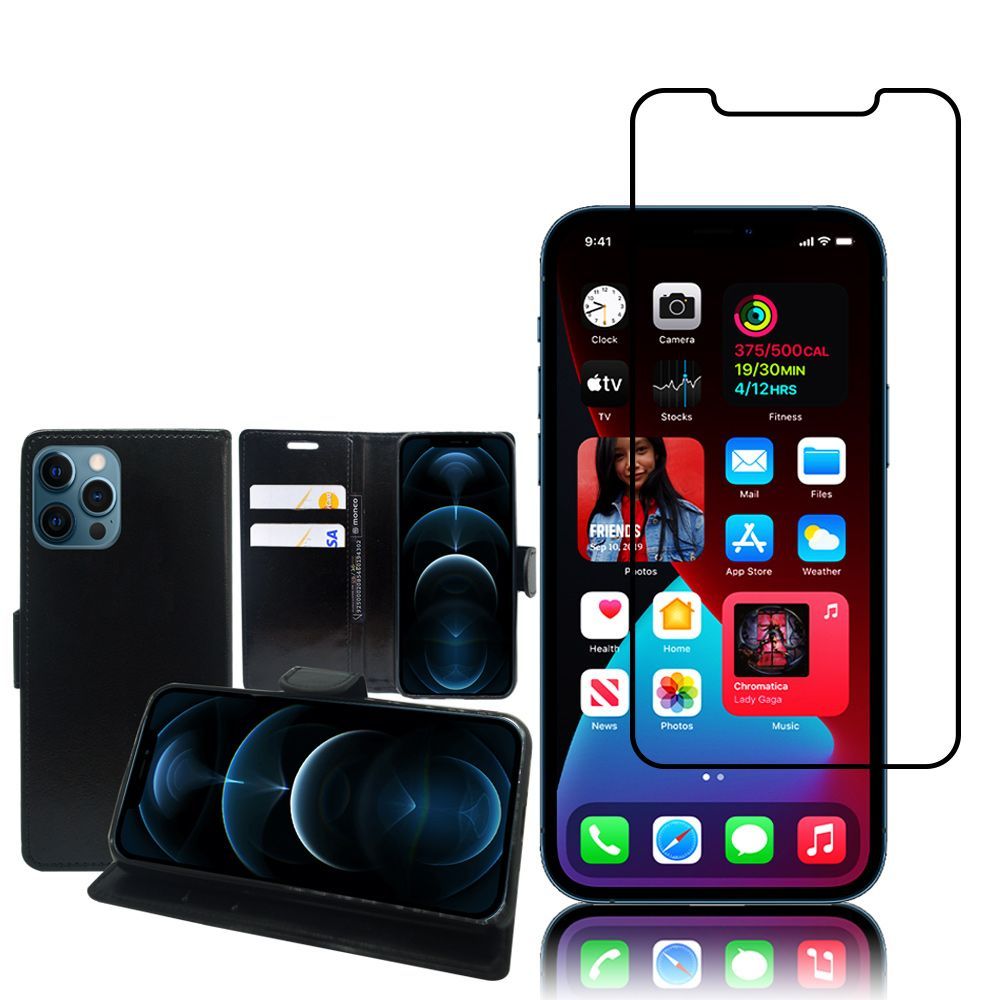 Etui Portefeuille Pour Apple Iphone 12 Pro 6.1" Support Video Cuir Pu - Noir + 1 Film Verre Trempé - Noir