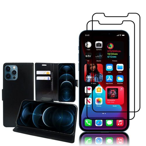 Etui Portefeuille Pour Apple Iphone 12 Pro 6.1" Support Video Cuir Pu - Noir + 2 Films Verre Trempé - Noir