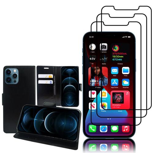 Etui Portefeuille Pour Apple Iphone 12 Pro 6.1" Support Video Cuir Pu - Noir + 3 Films Verre Trempé - Noir