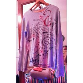 Tee Shirt Gris Motifs Noirs/Rouges M Desigual.