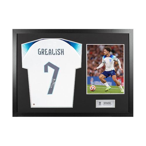 Maillot Domicile Angleterre 2022-23 Signé Et Encadré Par Jack Grealish De L'uefa 2024 Avec Numéros De Style De Fan