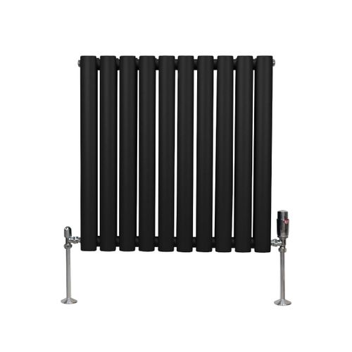 Radiateur à Colonne Ovale 600 x 600mm & Robinet Thermostatique Chromé, Chauffage Moderne Horizontal en Acier au Carbone Noir Mat, Cuisine Salle de Bain [Brosse, Attaches & Supports INCLUS]
