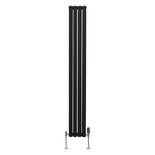 Radiateur à Colonne Ovale 1800 x 240mm & Robinet Thermostatique Chromé, Chauffage Moderne Vertical en Acier au Carbone Noir Mat, Cuisine Salle de Bain [Brosse, Attaches & Supports INCLUS]