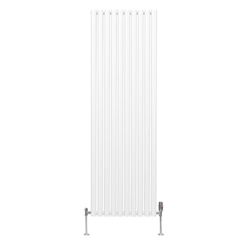 Radiateur à Colonne Ovale 1800 x 600mm & Robinet Thermostatique Chromé, Chauffage Moderne Vertical en Acier au Carbone Blanc Brillant, Cuisine Salle de Bain [Brosse, Attaches & Supports INCLUS]
