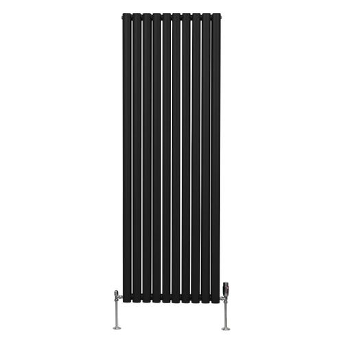 Radiateur à Colonne Ovale 1800 x 600mm & Robinet Thermostatique Chromé, Chauffage Moderne Vertical en Acier au Carbone Noir Mat, Cuisine Salle de Bain [Brosse, Attaches & Supports INCLUS]