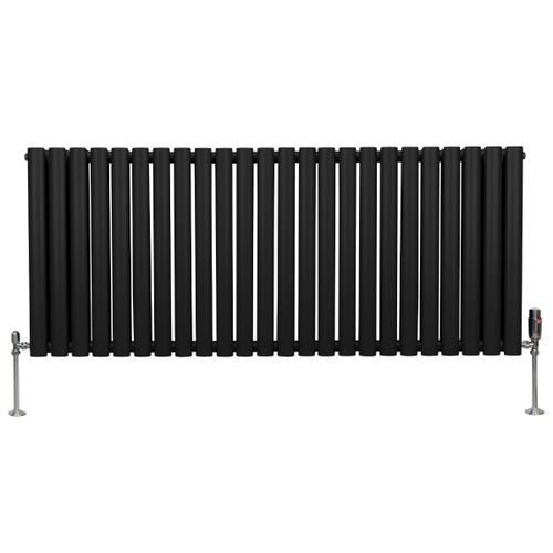 Radiateur à Colonne Ovale 600 x 1440mm & Robinet Thermostatique Chromé, Chauffage Moderne Horizontal en Acier au Carbone Noir Mat, Cuisine Salle de Bain [Brosse, Attaches & Supports INCLUS]