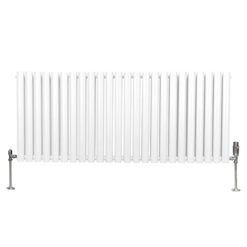 Radiateur à Colonne Ovale 600 x 1440mm & Robinet Thermostatique Chromé, Chauffage Moderne Horizontal en Acier au Carbone Blanc Brillant, Cuisine Salle de Bain [Brosse, Attaches & Supports INCLUS]