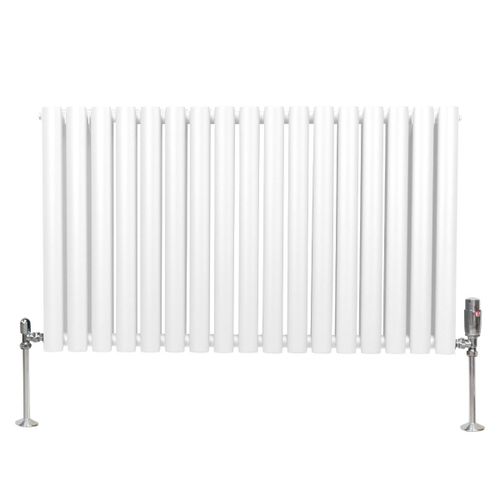 Radiateur à Colonne Ovale 600 x 1020mm & Robinet Thermostatique Chromé, Chauffage Moderne Horizontal en Acier au Carbone Blanc Brillant, Cuisine Salle de Bain [Brosse, Attaches & Supports INCLUS]