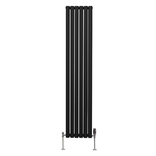 Radiateur à Colonne Ovale 1800 x 360mm & Robinet Thermostatique Chromé, Chauffage Moderne Horizontal en Acier au Carbone Noir Mat, Cuisine Salle de Bain [Brosse, Attaches & Supports INCLUS]