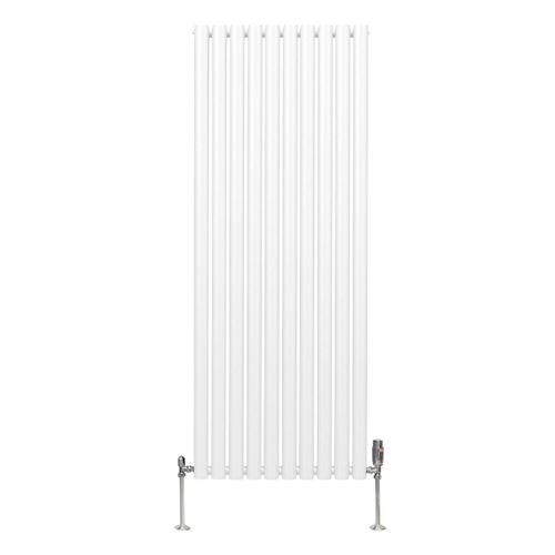 Radiateur à Colonne Ovale 1600 x 600mm & Robinet Thermostatique Chromé, Chauffage Moderne Vertical en Acier au Carbone Blanc Brillant, Cuisine Salle de Bain [Brosse, Attaches & Supports INCLUS]