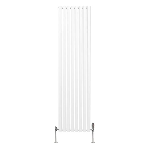 Radiateur à Colonne Ovale 1800 x 480mm & Robinet Thermostatique Chromé, Chauffage Moderne Vertical en Acier au Carbone Blanc Brillant, Cuisine Salle de Bain [Brosse, Attaches & Supports INCLUS]