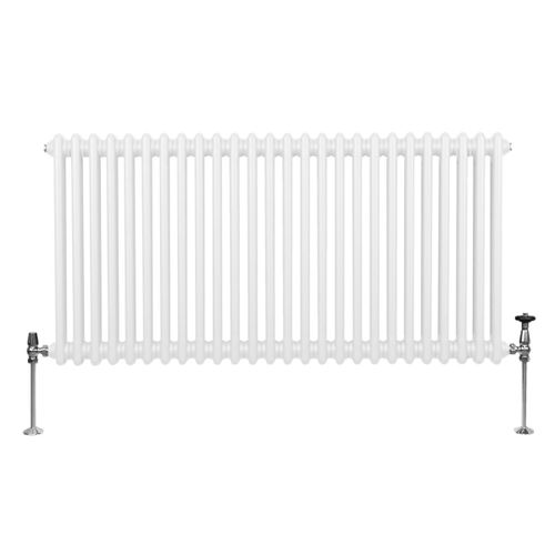Radiateur Traditionnel à Double Colonne 600 x 1192 mm, Chauffage Moderne Horizontal en Acier au Carbone Blanc Brillant, Cuisine Salon Salle de Bain [Brosse, Attaches Murales & Supports INCLUS]