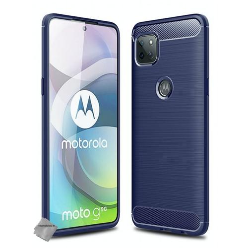 Housse Etui Coque Silicone Gel Carbone Pour Motorola Moto G 5g + Verre Trempe - Bleu Fonce