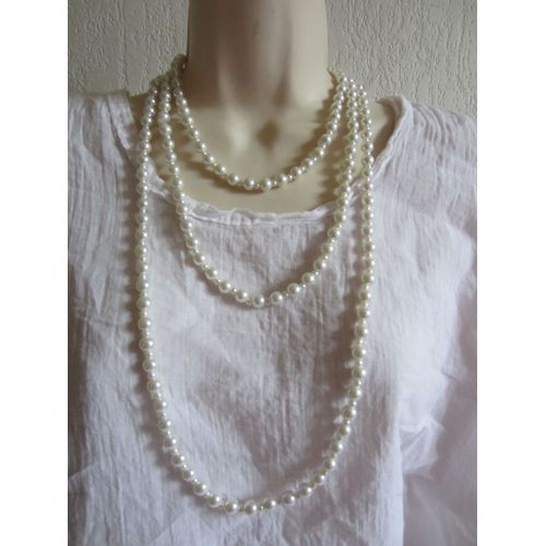Sautoir Blanc En Perles De Verre