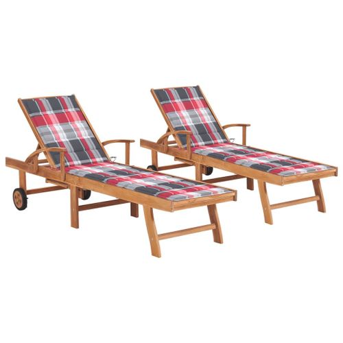Lot De 2 Transats Chaise Longue Bain De Soleil Lit De Jardin Terrasse Meuble D'extérieur Avec Coussin Carreaux Rouge Teck Solide Helloshop26 02_0012030