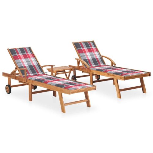 Lot De 2 Transats Chaise Longue Bain De Soleil Lit De Jardin Terrasse Meuble D'extérieur Avec Table Et Coussin Bois De Teck Solide Helloshop26 02_0012083