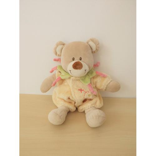 Doudou Ours Beige Combinaison Jaune Avion Tex