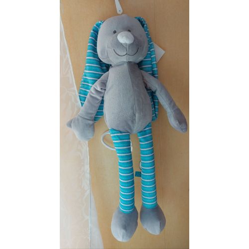 Peluche Doudou Boite À Musique - Lapin Gris Et Bleu