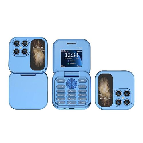 Rainbuvvy i17 Mini petit telephone pliable 1.77 pouces ecran FM Radio lampe de poche MP3 double SIM 2G fonction telephone pour enfants cadeau bleu