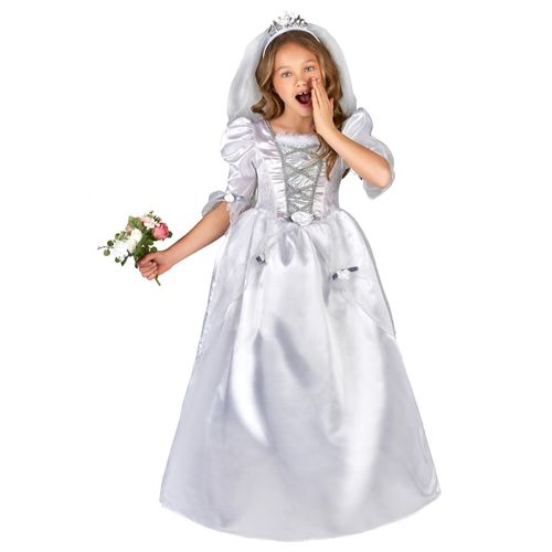 Déguisement Mariée Fille Avec Voile - Taille: M 7-9 Ans (120-130 Cm)