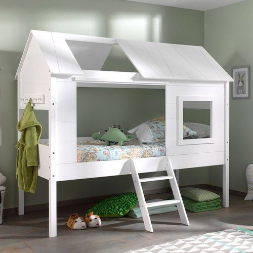 Paris Prix - Lit Enfant Cabane & Rideaux "Charlotte" 90x200cm Blanc